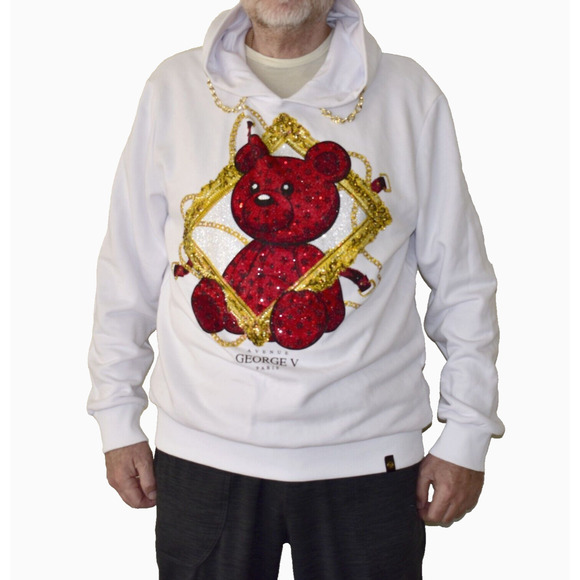 B8 NWT AVENUE GEORGE V Wht/Red Rhinestone Chain Bear Hoodie GV-2313 Sz XXL $199